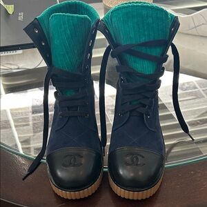 CHANEL Navy Lace-Up Women's Boots with Teal Tongue